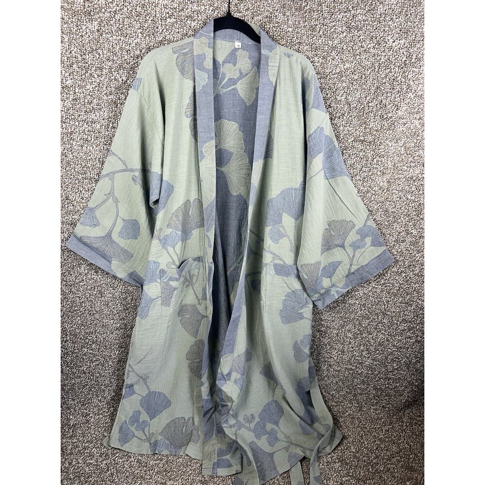 Ginkgo Leaf Floral Cotton Kimono Robe Medium Blue/Light Green Belted Pockets